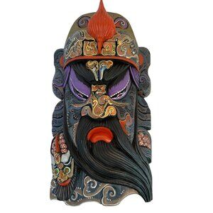 Handcrafted Chinese Guan Gong Yu Warrior Mask Wall Art Decor 16"x9" I10724